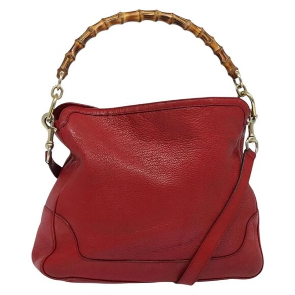 GUCCI Bamboo Hand Bag Leather 2way Red Gold 282315 Auth 137429 - Picture 1 of 16